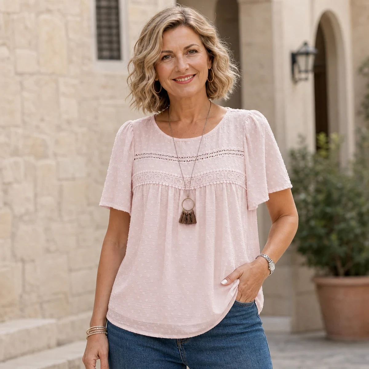 Tricou din bumbac și in, cu inserții din dantelă și jacquard în stil francez
