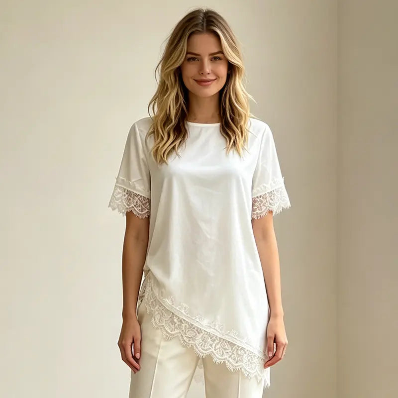 👚Top cu mânecă scurtă din satin, cu inserții de dantelă în stil francez, elegant și rafinat