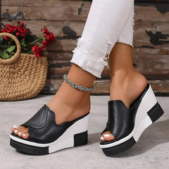 ⚫⚪【Material din piele naturală îmbunătățit】Papuci moderni cu talpă tip platformă wedge