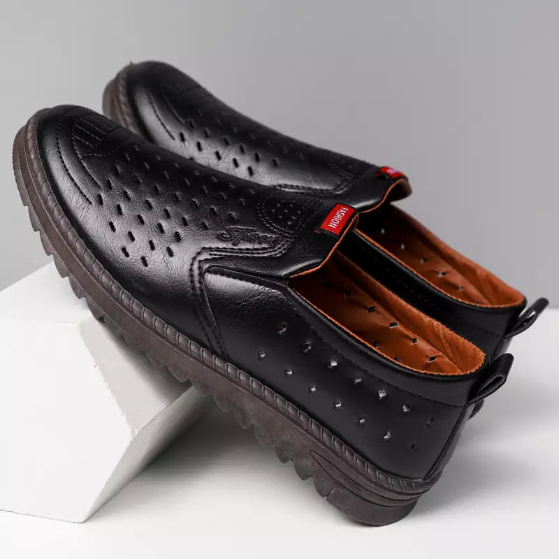 Pantofi din piele moale pentru bărbați, cu design perforat și respirabil – stil business & casual
