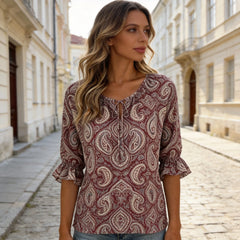 🧸👚 Bluză de vară din șifon, cu mânecă scurtă, imprimeu la modă și detaliu cu șnur