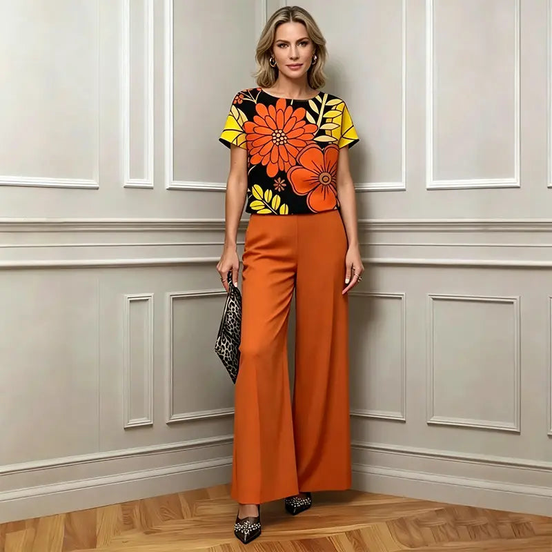 Set Elegant de Vară din 2 Piese: Bluză Florală și Pantaloni Lungi Largi, S-5XL, 5 Culori