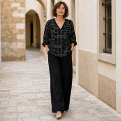 Compleu Premium de Damă din 2 Piese, Stil Boho Chic cu Imprimeu Etnic, Bluză cu Decolteu în V și Pantaloni Largi Eleganți