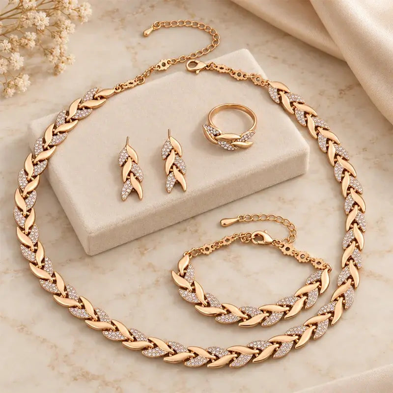 ✨ Set Complet de Bijuterii Elegante cu Frunze Strălucitoare - Colier, Cercei, Brățară și Inel! Design Rafinat cu Zirconii Mici · Eleganță în Fiecare Detaliu · Cadoul Ideal pentru Nuntă, Petreceri sau Zile de Naștere!