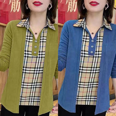 [Cel mai bine vândut articol al acestui sezon] Cămașă elegantă în carouri, design patchwork, cămașă falsă din două piese