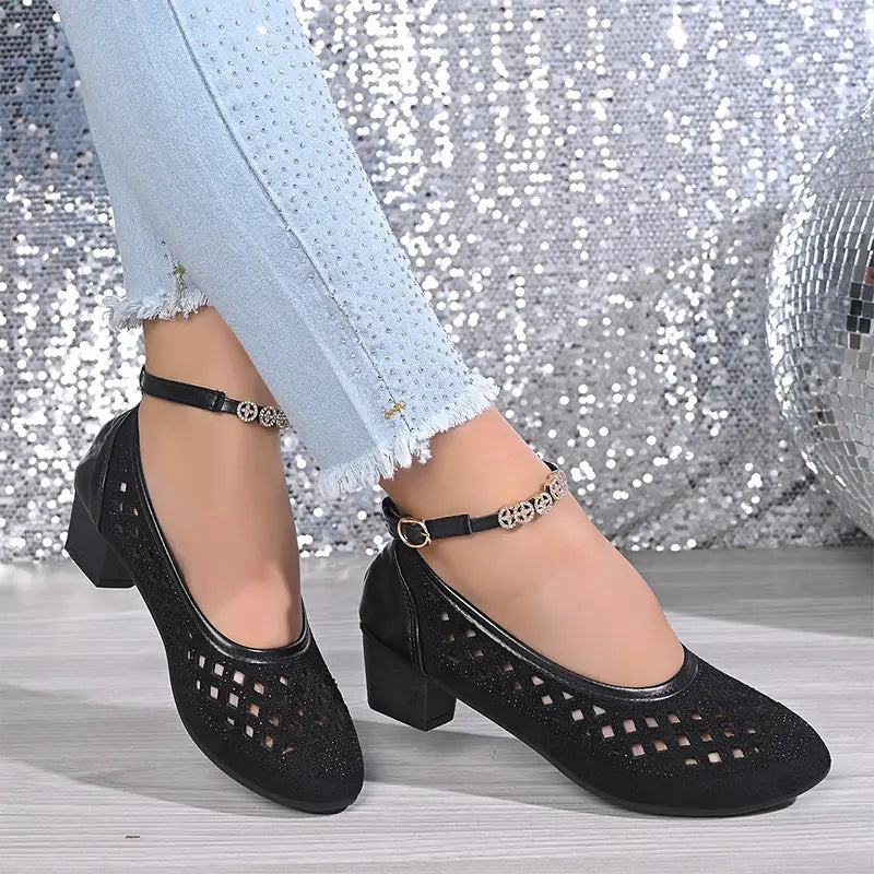 Pantofi Eleganți cu Perforații și Toc Clasic: Barete Rafinate cu Detalii Strălucitoare, Stil "Glow & Dance", Mărimi 35-40