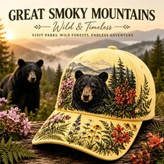 🛍️ Ediție Specială Retro: Șapcă de Vară cu Tematică „Great Smoky Mountains” ✨ Design deosebit cu Urs Negru și Flori de Câmp | Șapcă de Baseball Ajustabilă, Stil Outdoor Vintage