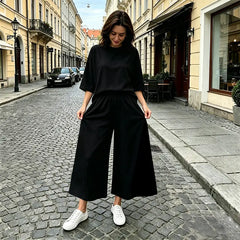✨Compleu Vară Damă 2 Piese Lejer: Tricot Fin Moale, Tricou Oversized și Pantaloni Largi Fluizi, Material Respirabil și Fin la Atingere