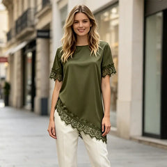 👚Top cu mânecă scurtă din satin, cu inserții de dantelă în stil francez, elegant și rafinat