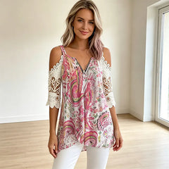 ✨Tricou la modă cu imprimeu, decolteu în V din dantelă și design cu umerii goi