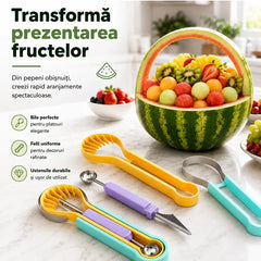 Set Multifuncțional 3 în 1 din Oțel Inoxidabil – Instrument pentru Cupat, Modelat și Curățat Fructe (Pepene, Pepene Galben, Kiwi) 🍉 Melon Baller & Carver Set