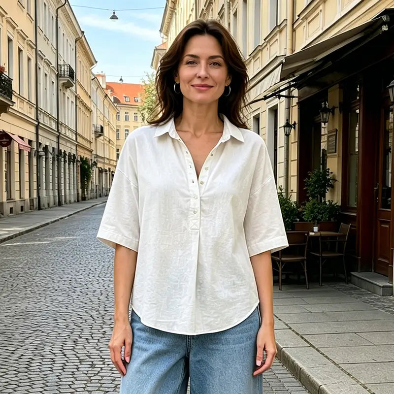 Cămașă de Vară Casual din Bumbac și In Damă: Bluză Lejeră cu Nasturi și Guler în V, Stil Retro Elegant pentru Office și Vacanță