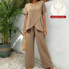 🌟【La comandă primești cadou colier layering stea & lună – doar pentru primele 100 de comenzi】Set modern cu design asimetric – tricou cu guler rotund + pantaloni largi