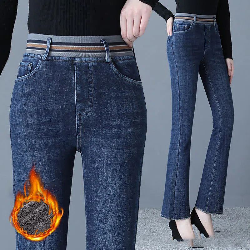 🔥👖【Πολυβραβευμένο】Τζιν Παντελόνι Υψηλής Μέσης με Υψηλή Ελαστικότητα και Επένδυση, με Λεπτή Λάμψη στο Τελείωμα του Μπατζακιού