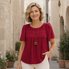 Tricou din bumbac și in, cu inserții din dantelă și jacquard în stil francez