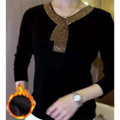💥【Bumbac pur îmbunătățit】✨Bluză modernă și elegantă cu mânecă lungă și strasuri la guler