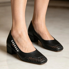 👡Pantofi cu toc mic vârf pătrat design împletit și aplicații cu strasuri