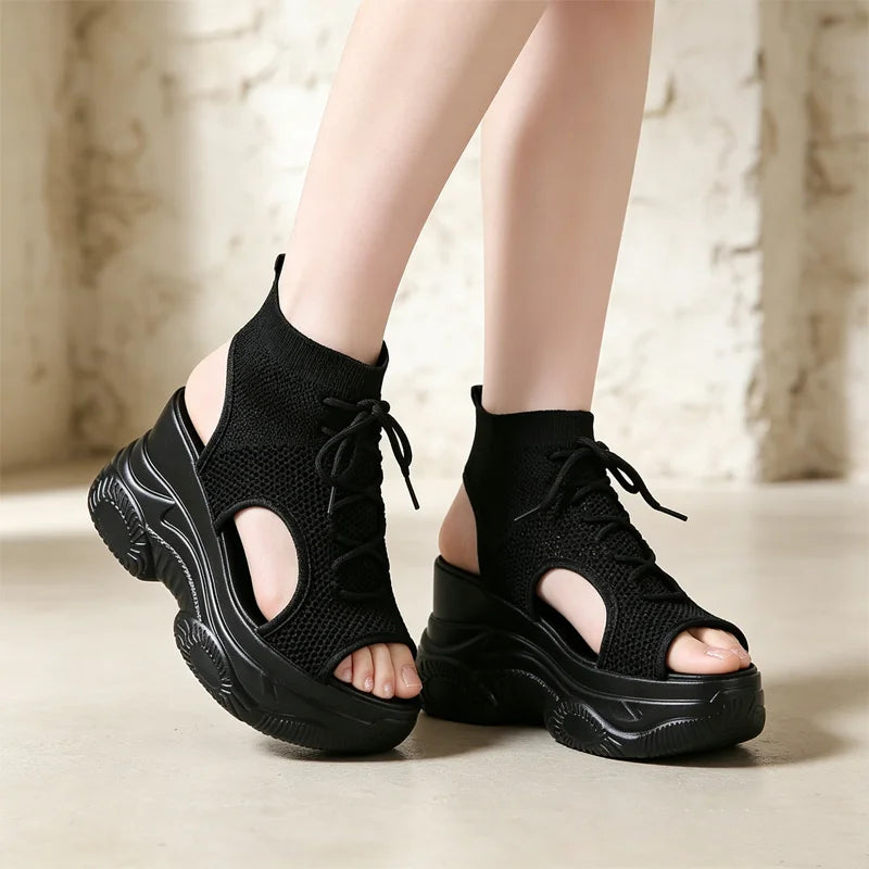 👟【efect instant de picioare mai lungi】sandale la modă cu plasă tricotată respirabilă și talpă groasă