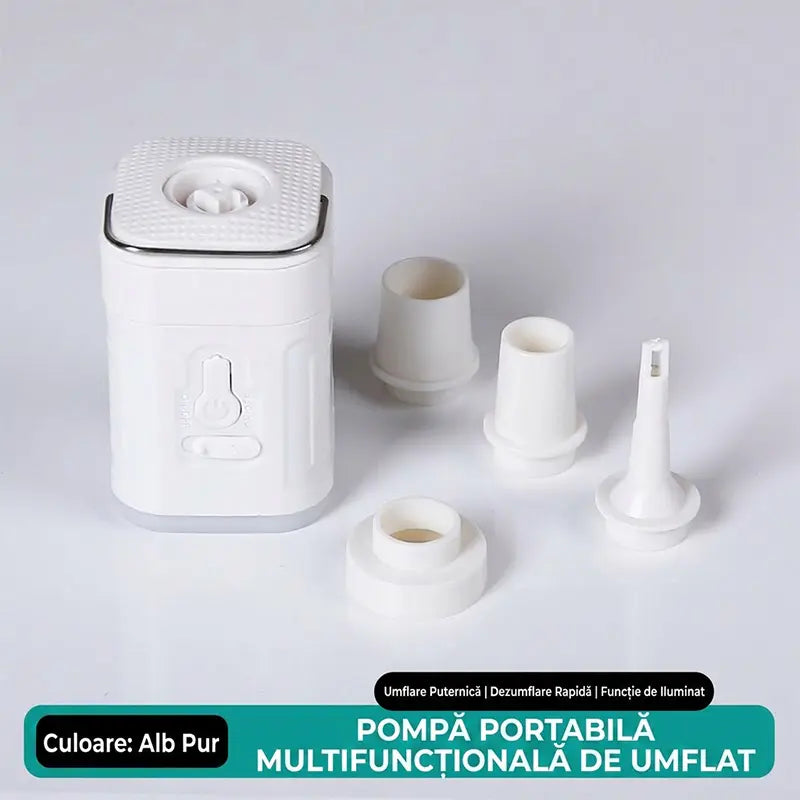 Pompă Electrică Portabilă 2-în-1 pentru Umflare și Dezgonire – Cu 5 Duze Diferite, pentru Saltele, Piscine și Camping, Funcție Lumină