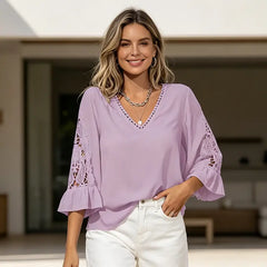 👚 Tricou din dantelă cu broderie decupată, stil boem (Boho)