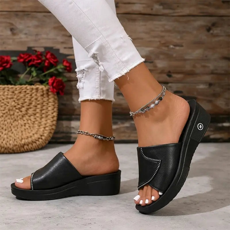 👡💎 Papuci eleganți cu strasuri, din piele naturală, cu talpă tip platformă wedge