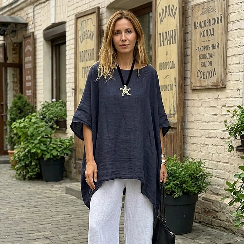Bluză de Vară Oversize din In și Bumbac pentru Femei, Cămașă Lejeră cu Tiv Asimetric, Stil Boho Casual, Material Respirabil, Mărimi Mari