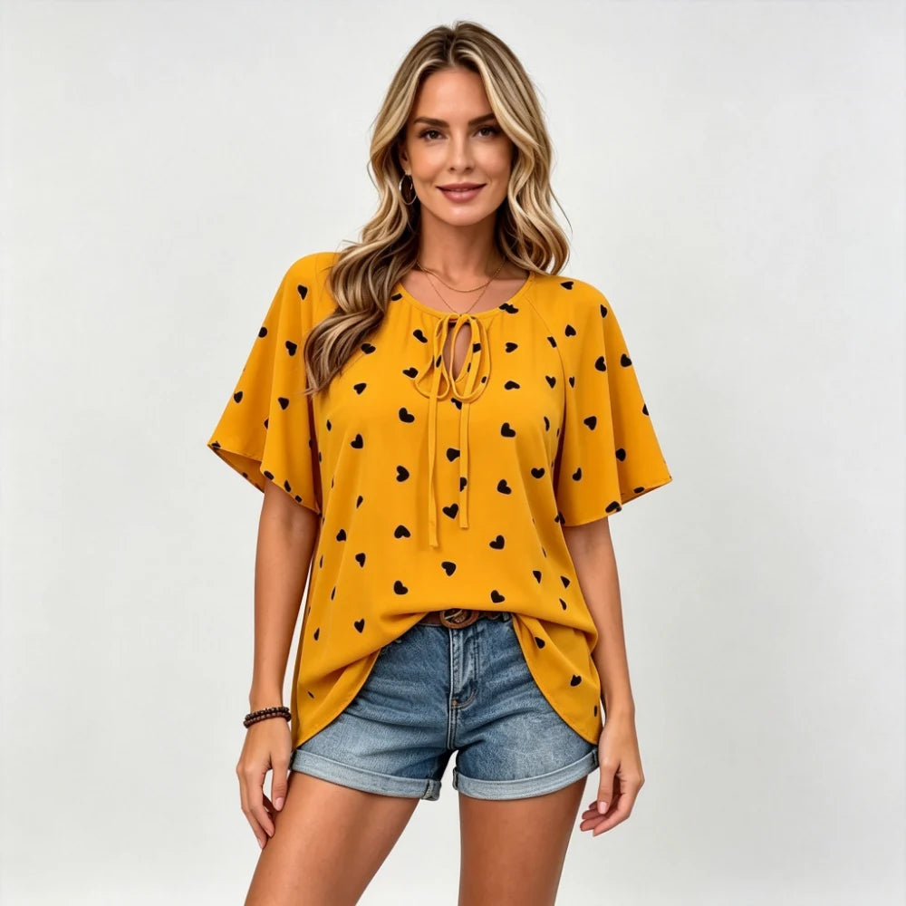 💖Tricou Elegant cu Imprimeu Inimă și Șnur Decorativ