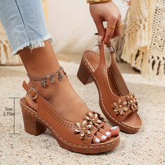 🌸【36-43】Sandale cu pană șic pentru femei, cu accente florale - Culoare uni versatile, vârf deschis, design cu curele la gleznă, toc gros confortabil