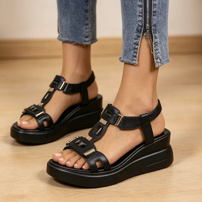 ✨ Sandale cu Platformă și Decupaje Metalice – Piele Naturală, Talpă Moale Anti-Alunecare și Confort la Înălțime! 👑 soft