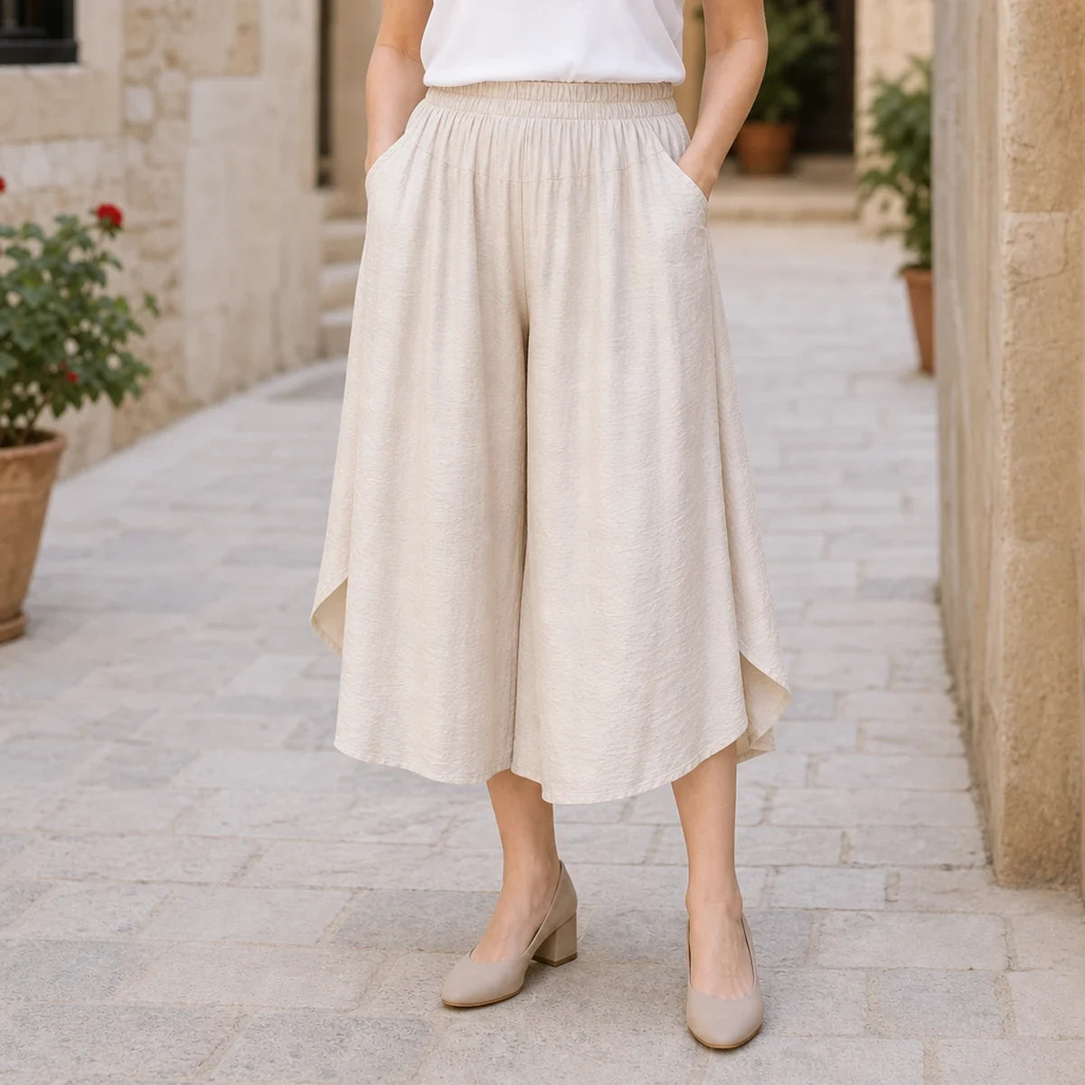 Pantaloni Trei Sferturi Stil Culottes din Mătase Texturată, Pantaloni de Vară Subțiri și Răcoroși, Outfit Casual de Vacanță