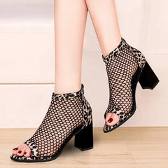 Botine de Vară Decupate cu Toc Gros 8cm: Design Peep-Toe din Plasă și Șireturi, Stil Coreean, Mărimi 35-40