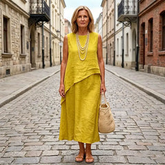 🤍 【Top fără mâneci + fustă midi】Set casual din in cu design franțuzesc