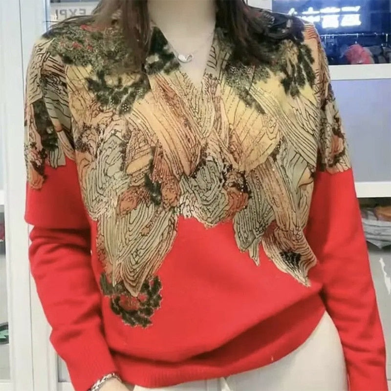 【Calitate superioară】Pulover tricotat luxos cu decolteu în V și strasuri decorative