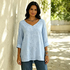 🌼Tricou V-neck la modă, cu broderie florală de margarete