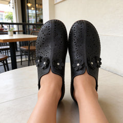 Sandale închise din piele naturală cu model floral ajurat | Pantofi de damă cu toc plat, în stil etnic, cu talpă moale | Confortabile și nu obositoare pentru picioare, mărimi 36-43