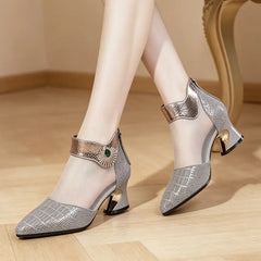 ✨Pantofi cu Toc Damă din Piele Naturală și Plasă: Design Elegant cu Strasuri, Talpă Moale, Corectarea Posturii și Anti-Durere