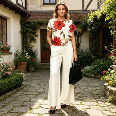 Set Elegant de Vară din 2 Piese: Bluză Florală și Pantaloni Lungi Largi, S-5XL, 5 Culori