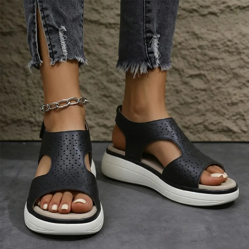 ⚪👡Sandale moderne în stil roman, cu decupaje și talpă groasă