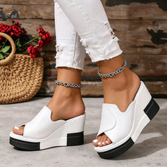 ⚫⚪【Material din piele naturală îmbunătățit】Papuci moderni cu talpă tip platformă wedge
