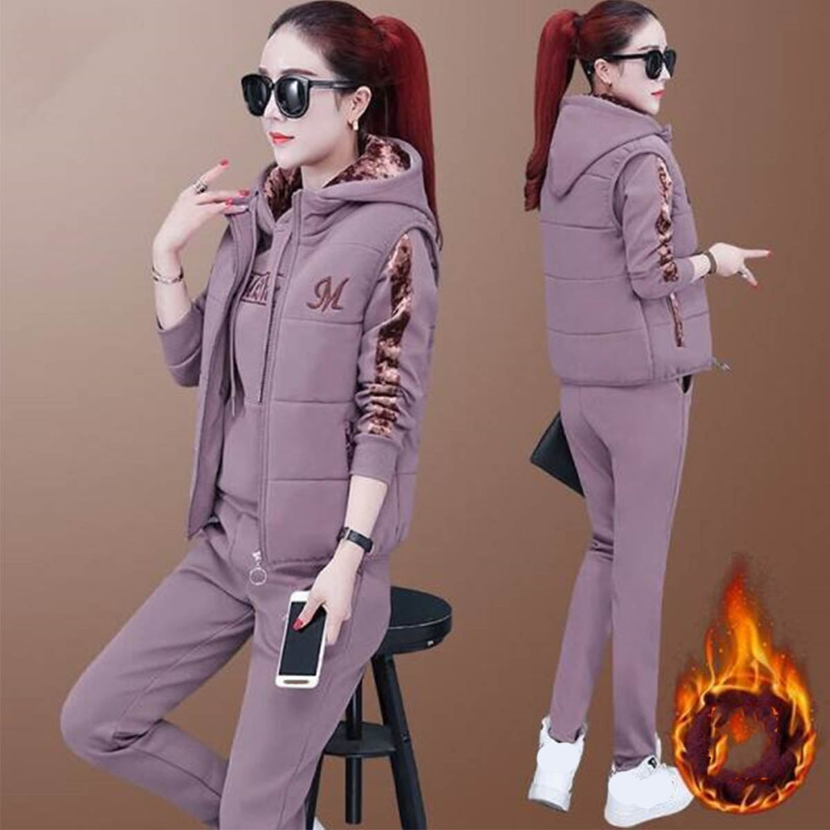 🔥【Παντελόνι + Φούτερ + Γιλέκο】Νέο Στυλ Γυναικείου Ζεστού Βελούδινου Κοστουμιού για Αθλητισμό και Αναψυχή