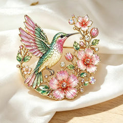 🕊️🌸Broșă premium elegantă cu colibri, flori și aplicații strălucitoare