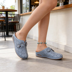 Sandale închise din piele naturală cu model floral ajurat | Pantofi de damă cu toc plat, în stil etnic, cu talpă moale | Confortabile și nu obositoare pentru picioare, mărimi 36-43