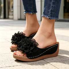 👡【Luxul Pielii Naturale】Papuci Eleganți cu Flori de Dantelă Tridimensionale
