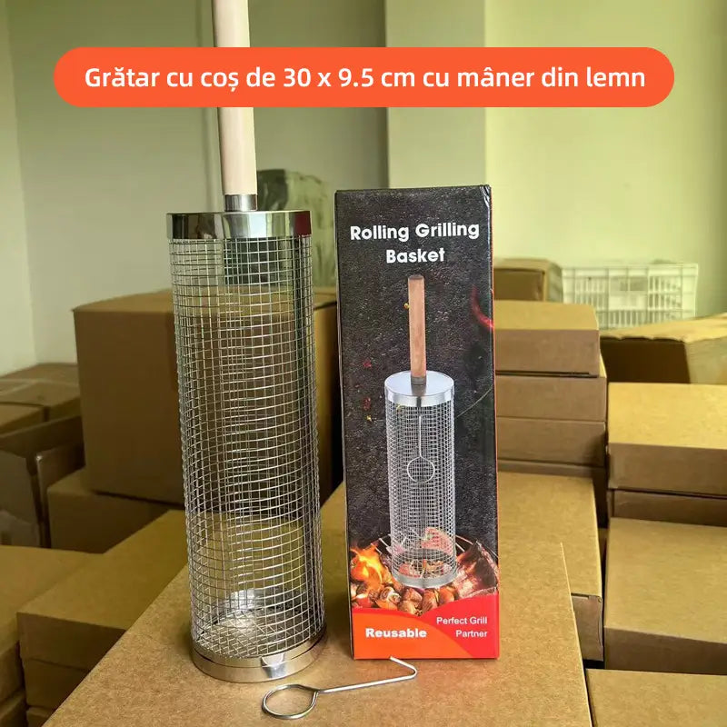 Coș Rotativ pentru Grătar din Inox Gros: Accesorii Camping și Picnic, Ideal pentru Legume și Carne