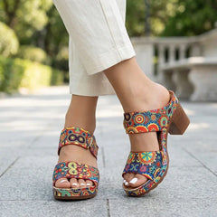 🌻Sandale Fashion cu Imprimeu și Toc Gros