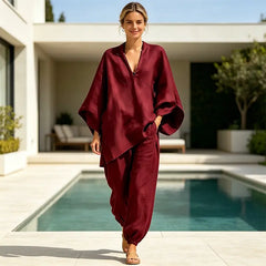 Costum Premium de Vacanță în Stil Boho: Set din Două Piese din Bumbac-In cu Croială Oversized și Decolteu în V – Confortabil și Elegant