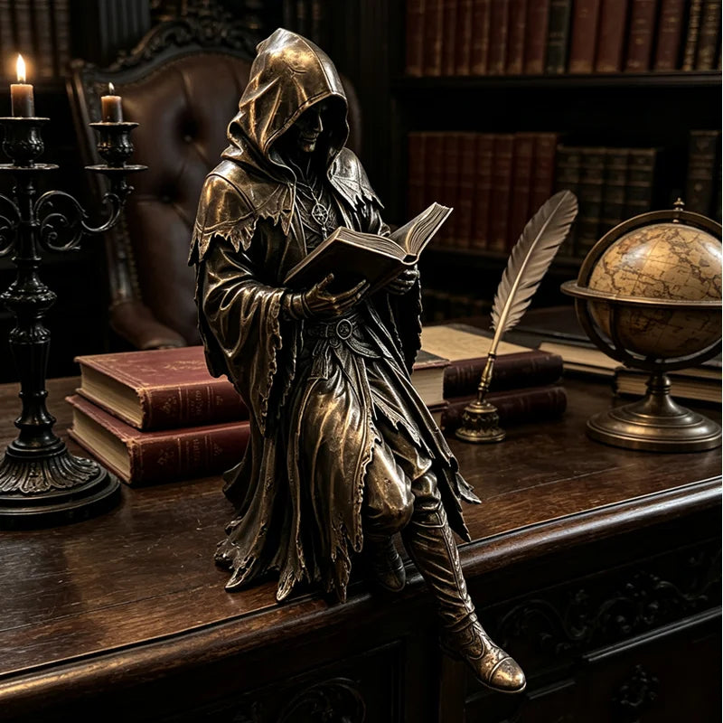 🧙‍♂️Statuetă Gotică din Rășină cu Moartea pentru Bibliotecă – Adaugă Mister și Eleganță Casei Tale!