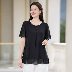 ✨Bluză de Vară Damă din Șifon Fin: Material Respirabil și Moale, Design Elegant cu Pliuri și Mânecă Scurtă Fluture