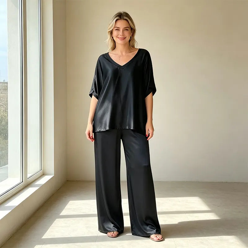 💙【Ușor și răcoros】Set casual din două piese, cu aspect premium, din satin mătăsos în stil francez
