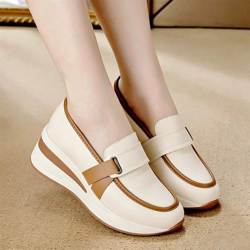 Pantofi Loafers cu Platformă pentru Femei, Design Elegant cu Talpă Înaltă, Piele Moale, Stil Casual și Office, Culori Contrastante